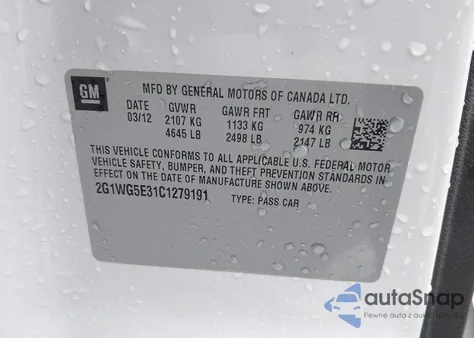 2012 Chevrolet Impala Lt from USA, damaged, VIN 2G1WG5E31C1279191